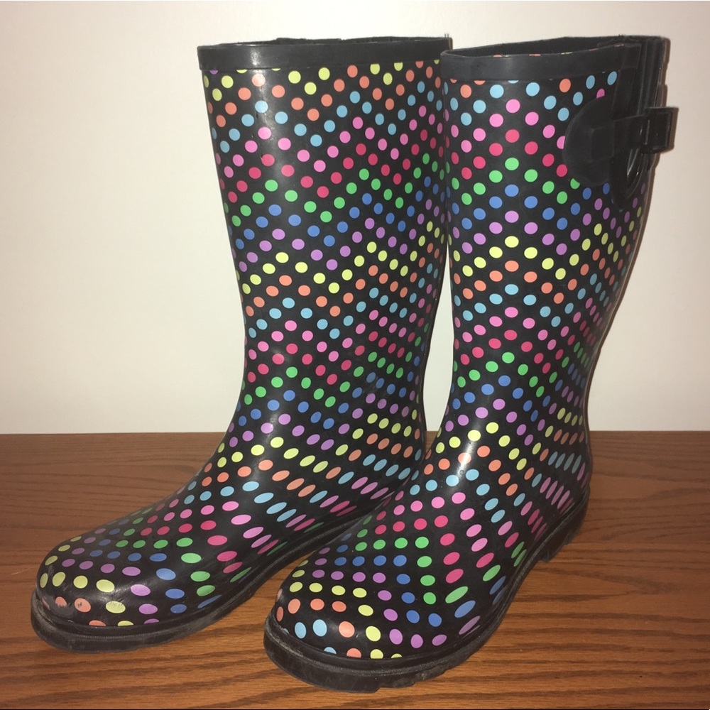 Rainbow polka dot rain boots